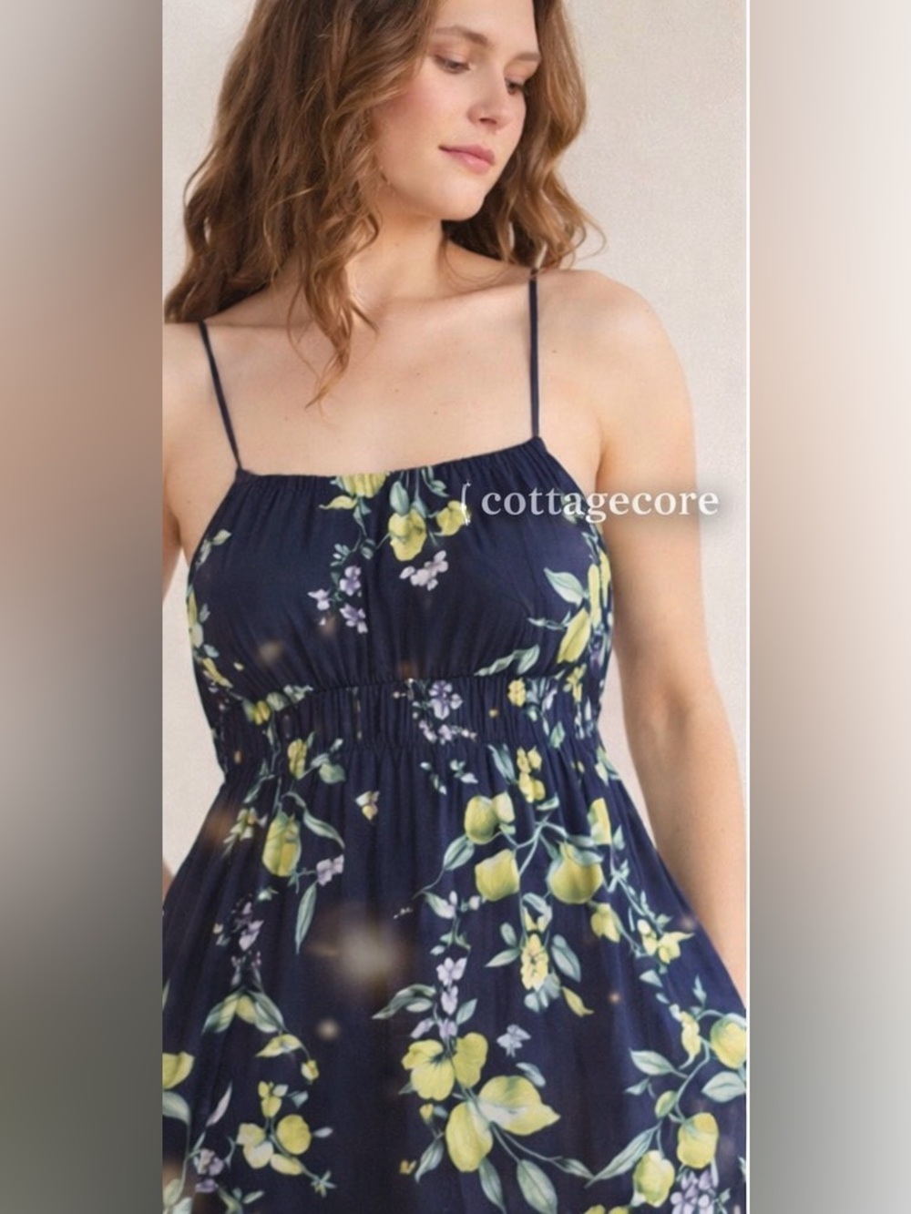 Lemon Floral Maxi Dress Navy Cottagecore Smocked Sundress M NWT